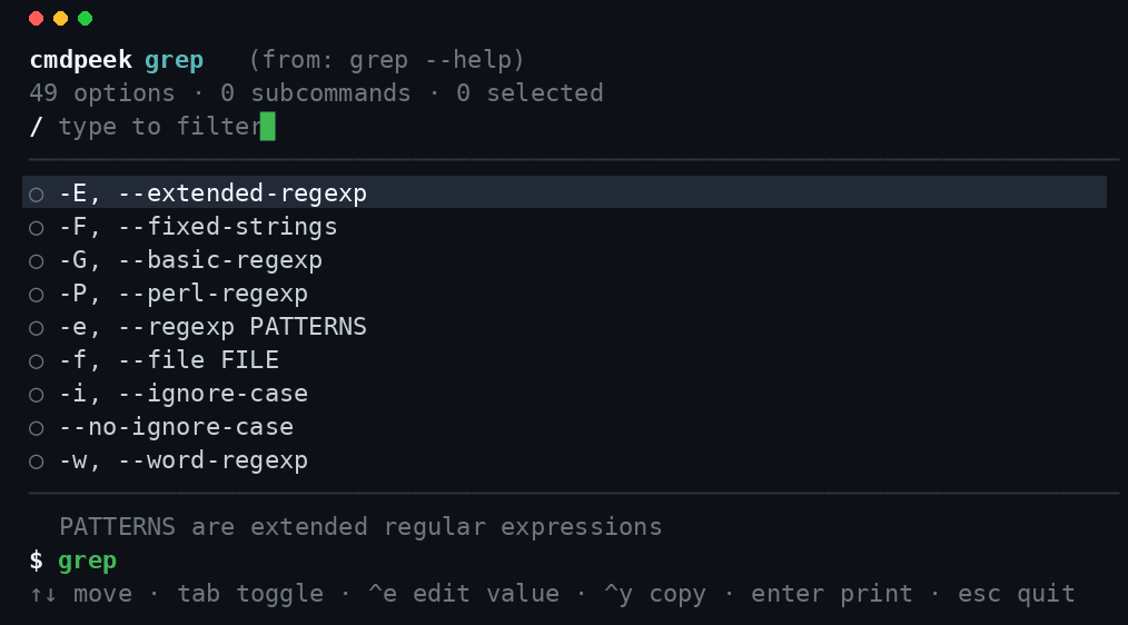 cmdpeek demo — fuzzy-filtering and toggling flags on grep, assembling a runnable command live